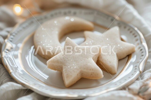 Celebrating religious occasions and holidays, close-up of a plate of crescent and star shaped cookies, sweets and delicious snacks, local national product, fast food and snacks