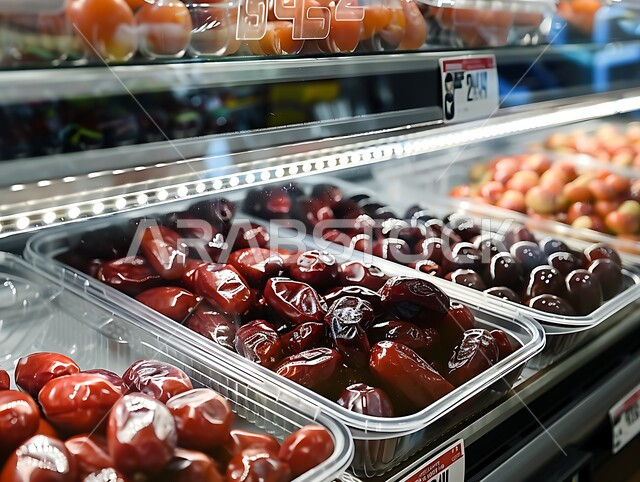 Traditional popular markets for selling dates from the palm trees of the Kingdom of Saudi Arabia, local Saudi national agricultural crops and products, types of fresh healthy dates, a meal with high nutritional value, delicious Ramadan hospitality