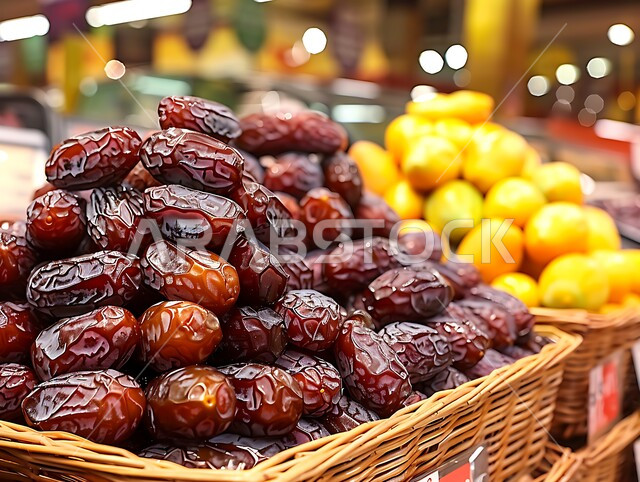 Traditional popular markets for selling dates from the palm trees of the Kingdom of Saudi Arabia, local Saudi national agricultural crops and products, types of fresh healthy dates, a meal with high nutritional value, delicious Ramadan hospitality