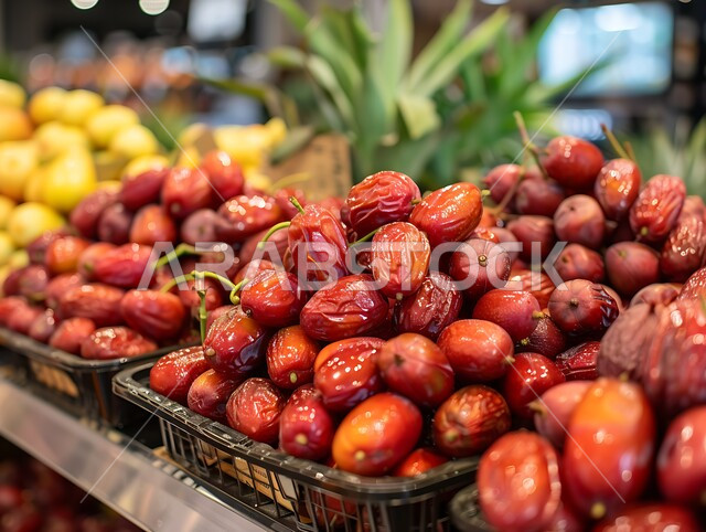 Traditional popular markets for selling dates from the palm trees of the Kingdom of Saudi Arabia, local Saudi national agricultural crops and products, types of fresh healthy dates, a meal with high nutritional value, delicious Ramadan hospitality