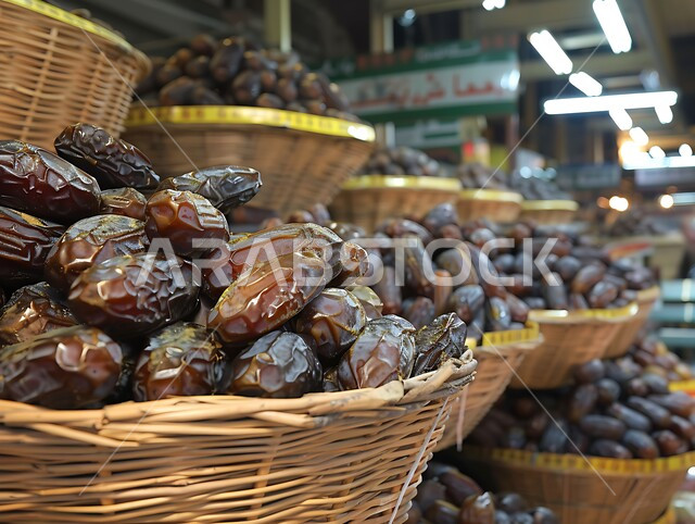 Traditional popular markets for selling dates from the palm trees of the Kingdom of Saudi Arabia, local Saudi national agricultural crops and products, types of fresh healthy dates, a meal with high nutritional value, delicious Ramadan hospitality