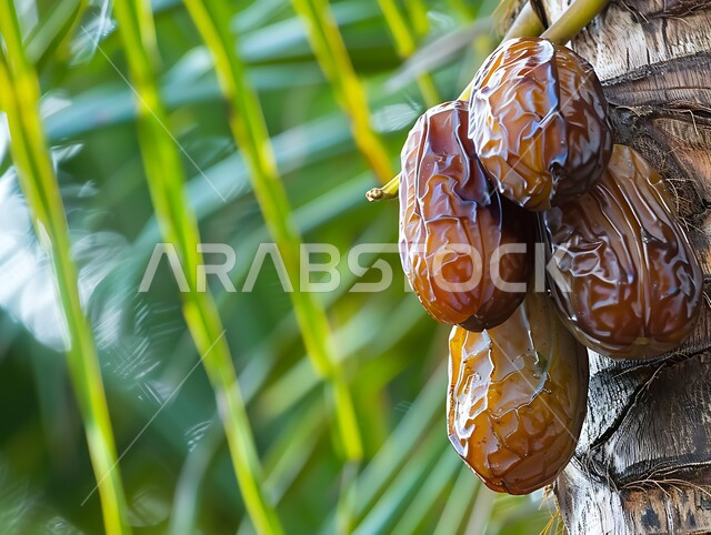 زراعة أشجار النخيل في المحميات الطبيعية بالمملكة العربية السعودية، منتجات ومحاصيل زراعيه محلية وطنية , الاهتمام بالنباتات و الاشجار الخضراء المثمرة, موسم قطاف و حصاد التمور، صورة مقربة لعناقيد من حبات الرطب الطازج