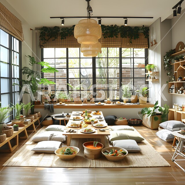 جلسات عربية حول طاولة سفرة، أثاثات وديكورات داخلية راقية، الاهتمام بنباتات الزينة الخضراء، المناظر الطبيعية المتميزة، الواجهات الزجاجية المطلة على الطبيعة، الفن الهندسي المعماري على الطراز الحديث