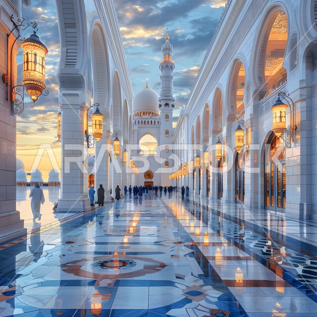 أماكن ومعالم دينية مقدسة, نداء المسلمين لأداء الفرائض والصلوات, الفن الهندسي المعماري على الطراز الاسلامي لبناء المساجد في المملكة العربية السعودية, الديكورات والتصاميم الخارجية الحديثة باللون الأبيض وقت الغروب، مفهوم العبادة والتقرب إلى الله
