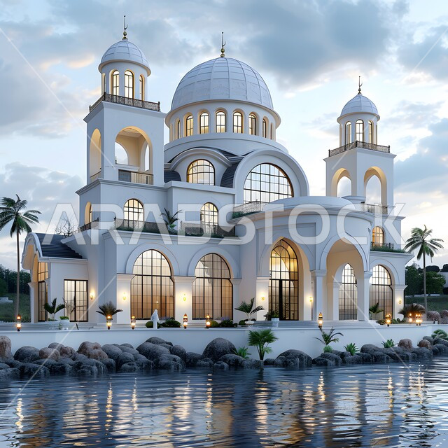 الفن الهندسي المعماري على الطراز الاسلامي، انعكاس المساجد على الماء في المملكة العربية السعودية, أماكن ومعالم دينية مقدسة, نداء المسلمين لأداء الفرائض والصلوات, الديكورات والتصاميم الخارجية الحديثة باللون الأبيض، مفهوم العبادة والتقرب إلى الله