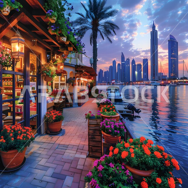 مقهى مطل على ميناء خور دبي وقت الغروب, الواجهة المائية والترفيهية في دولة الإمارات العربية المتحدة, الاهتمام بالتشجير وزراعة الورود والنباتات الخضراء، الفن الهندسي المعماري للابراج وناطحات السحاب