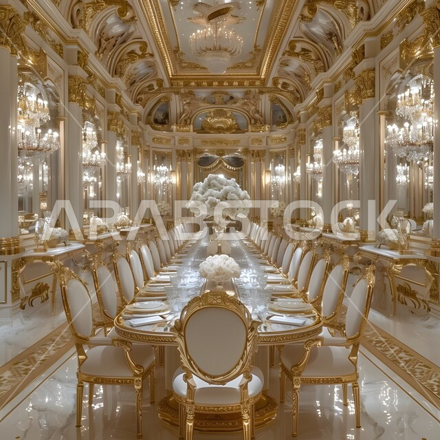 ديكورات منزلية داخلية حديثة لغرفة طعام، طاولة سفرة مع كراسي خشبية باللون الأبيض والذهبي، غرفة معيشة بتصاميم عصرية فاخرة، أثاث منزلي راقي، شقق وفلل سكنية، فنادق ومنتجعات فخمة