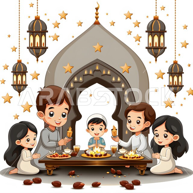 زينة وديكورات وفوانيس مضيئة، رسوم توضيحية ثلاثية الأبعاد لأسرة عربية خليجية سعودية تنظر الى الكاميرا بايماءات السرور تجلس على مائدة الافطار في رمضان المبارك، البهجة بقدوم شهر الخير، المناسبات والأعياد الدينية الإسلامية، خلفية بيضاء