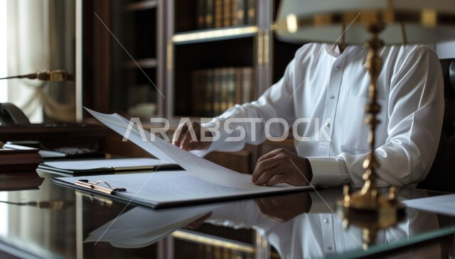 The concept of accuracy and focus in completing transactions, achieving the company's financial goals, a close-up image of a Saudi Arabian Gulf businessman reviewing documents in his office, collecting stock market and stock exchange data, studying and analyzing statistics and charts