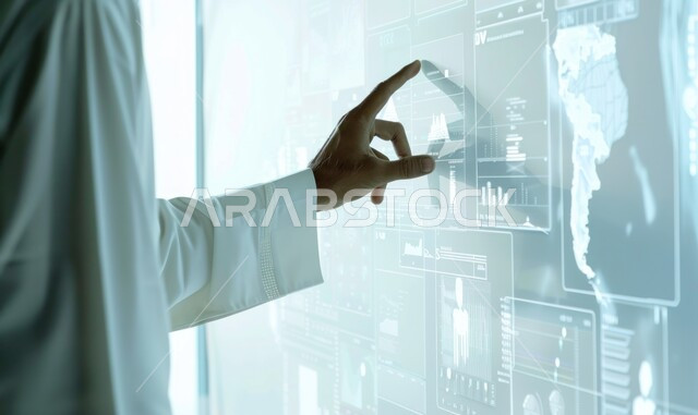 Saudi Arabian Gulf businessman interacts with digital screen, 3D holographic graphics of jet engine prototype, technical and technological development and progress, Saudi Vision 2030, engineering plans and designs for future projects, launching towards the horizon
