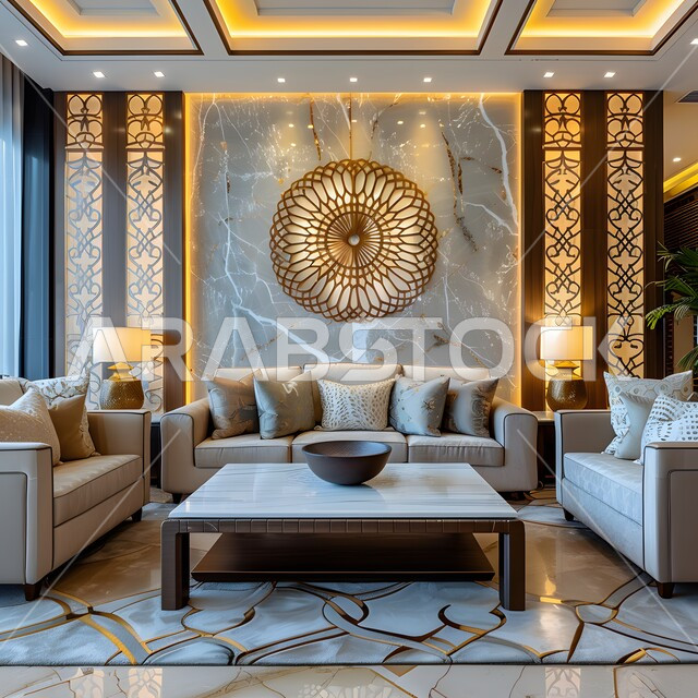 الديكورات الداخلية الراقية للفلل والشقق السكنية في المملكة العربية السعودية, اكسسوارات وتحف عصرية، التصاميم الداخلية لغرف الجلوس المريحة على الطراز الحديث، غرفة معيشة باللون الأزرق مع أثاث منزلي فاخر