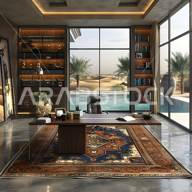 غرفة الأعمال الواسعة المجهزة بالمعدات والادوات، تصميم عصري حديث لمكاتب الشركات في المملكة العربية السعودية، غرف مكتبية بتصاميم داخلية وديكورات راقية، مجسمات وتصاميم لمكتب عمل حديث متطور