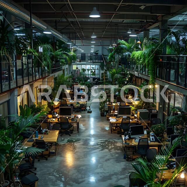 Modern contemporary design for corporate offices in Saudi Arabia, spacious business room equipped with equipment and tools, office rooms with elegant interior designs and decorations, models and designs for a modern advanced office, interest in green ornamental plants