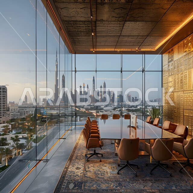 Large glass facade for a work office overlooking the towers and skyscrapers, modern contemporary design for Saudi corporate offices, upscale interior designs and decorations with luxurious and comfortable furniture for office rooms, advanced architectural engineering art, reading and sitting room