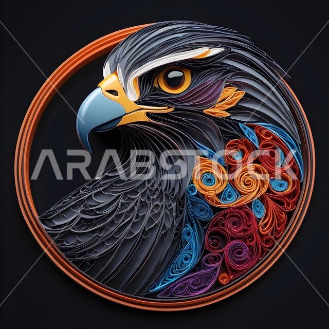 تصميم ثلاثي الأبعاد بالورق الملون لطائر النسر حاد العينين يقف بشموخ، فنون يدويه تشكيليه, فن طي الورق، تنوع الثروة الحيوانية, رمز القوة والتحدي، مفهوم الافتراس وحدة البصر, مجسم أوريغامي لشعار أحد الطيور الجارحة وحياة الحيوانات البرية، خلفية ملونة
