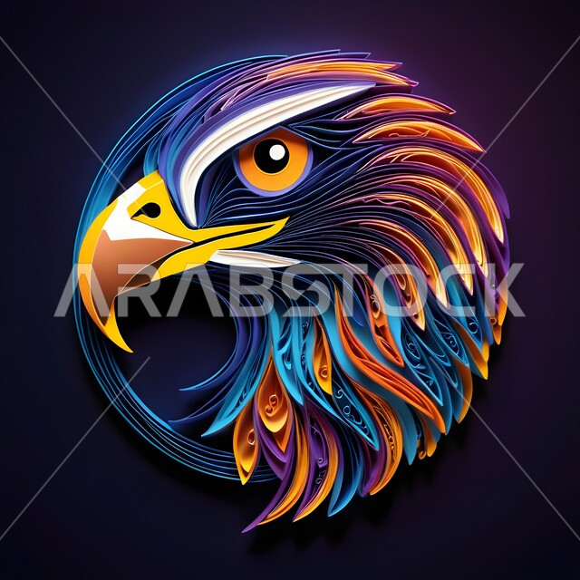 تنوع الثروة الحيوانية, تصميم ثلاثي الأبعاد بالورق الملون لطائر النسر حاد العينين يقف بشموخ، فنون يدويه تشكيليه، رمز القوة والتحدي، مفهوم الافتراس وحدة البصر, مجسم أوريغامي لشعار أحد الطيور الجارحة وحياة الحيوانات البرية, فن طي الورق، خلفية ملونة
