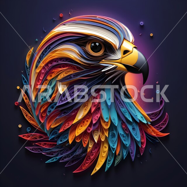 Symbol of strength and challenge, diversity of livestock, fine handicrafts, concept of predation and visual acuity, origami model of a bird of prey and wildlife logo, paper folding art, 3D design with colored paper of a sharp-eyed eagle standing proudly, colorful background