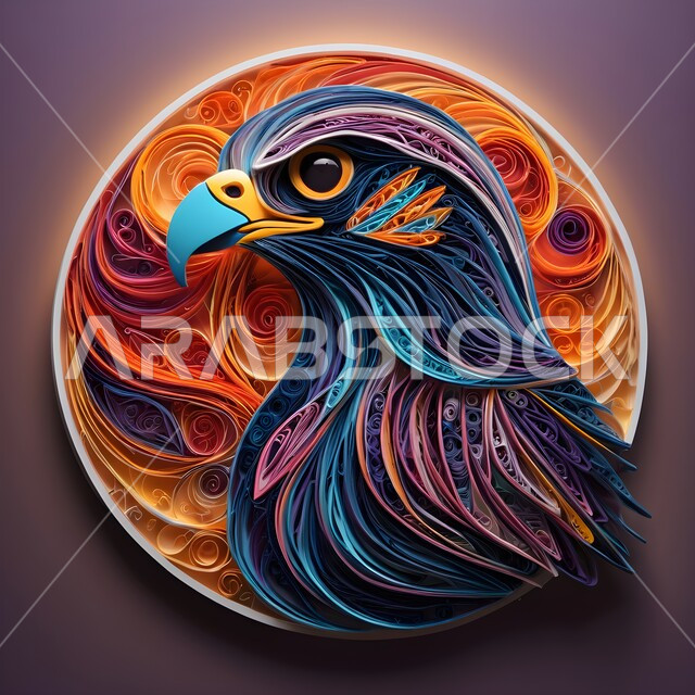 Concept of predation and sharp vision, symbol of strength and challenge, diversity of animal wealth, origami model of a bird of prey and wildlife logo, paper folding art, 3D design with colored paper of a sharp-eyed eagle standing proudly, fine handicrafts, colorful background