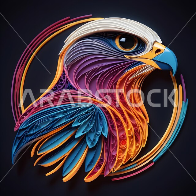 رمز القوة والتحدي، تنوع الثروة الحيوانية، فنون يدويه تشكيليه، مفهوم الافتراس وحدة البصر, مجسم أوريغامي لشعار أحد الطيور الجارحة وحياة الحيوانات البرية, فن طي الورق, تصميم ثلاثي الأبعاد بالورق الملون لطائر النسر حاد العينين يقف بشموخ، خلفية ملونة