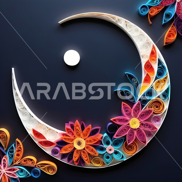 تصميم ثلاثي الأبعاد بالورق الملون لهلال رمضان, الاحتفال بالأعياد والمناسبات الدينية، الأجواء الرمضانية الروحانية في شهر الخير والبركة, فنون يدويه تشكيليه, فن طي الورق، مجسم أوريغامي لزينة و اكسسوارات رمضان المبارك, خلفيه كحلي