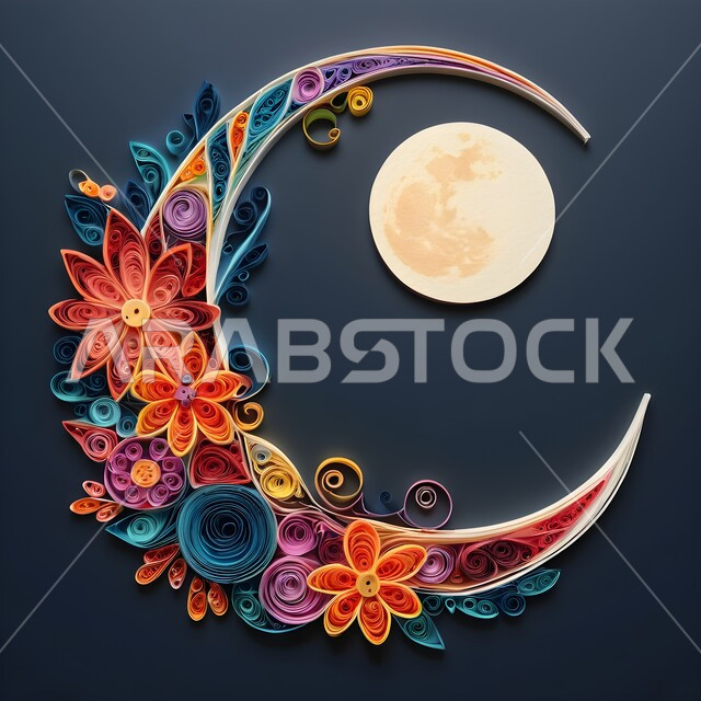 الاحتفال بالأعياد والمناسبات الدينية، الأجواء الرمضانية الروحانية في شهر الخير والبركة، تصميم ثلاثي الأبعاد بالورق الملون لهلال رمضان, مجسم أوريغامي لزينة و اكسسوارات رمضان المبارك, فنون يدويه تشكيليه, فن طي الورق, خلفيه كحلي