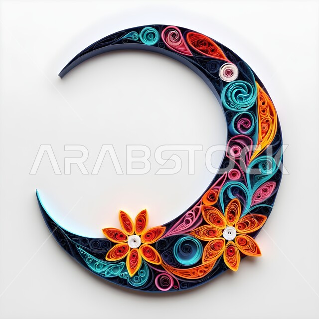 Spiritual Ramadan atmosphere in the month of goodness and blessings, celebration of religious holidays and occasions, 3D design of the Ramadan crescent moon with colored paper, origami model for Ramadan decorations and accessories, paper folding art, plastic handicrafts, white background