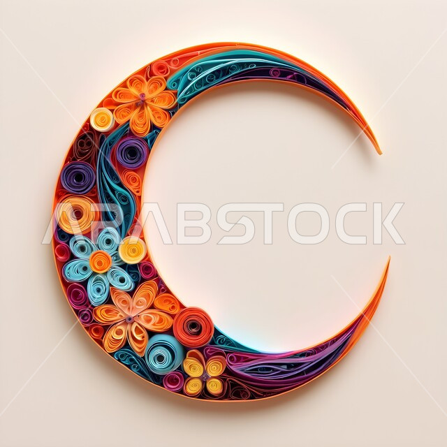 الاستعداد لاستقبال الأيام الفضيلة، مجسم أوريغامي لزينة و اكسسوارات رمضان المبارك, فن طي الورق، فنون يدويه تشكيليه,  تصميم ثلاثي الأبعاد بالورق الملون لهلال رمضان, الأجواء الرمضانية الروحانية في شهر الخير, الاحتفال بالأعياد والمناسبات الدينية، خلفيه بيضاء