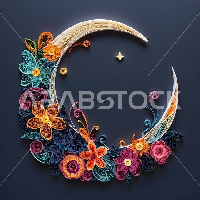 فنون يدويه تشكيليه,  تصميم ثلاثي الأبعاد بالورق الملون لهلال رمضان، الأجواء الرمضانية الروحانية في شهر الخير والبركة, فن طي الورق، مجسم أوريغامي لزينة و اكسسوارات رمضان المبارك, الاحتفال بالأعياد والمناسبات الدينية, خلفيه كحلي