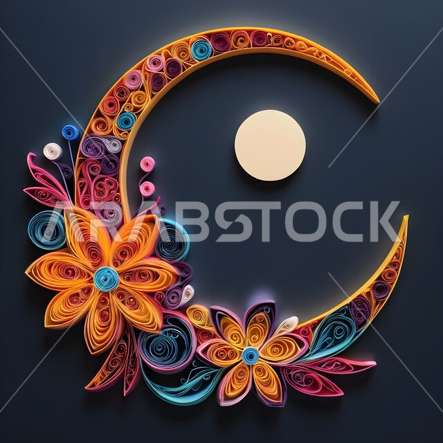 تصميم ثلاثي الأبعاد بالورق الملون لهلال رمضان, الاحتفال بالأعياد والمناسبات الدينية، الأجواء الرمضانية الروحانية في شهر الخير والبركة, فنون يدويه تشكيليه, فن طي الورق، مجسم أوريغامي لزينة و اكسسوارات رمضان المبارك, خلفيه كحلي
