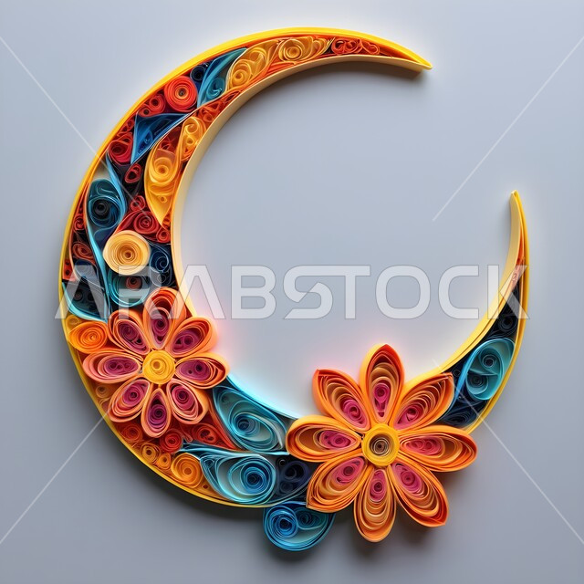 الاحتفال بالأعياد والمناسبات الدينية، الأجواء الرمضانية الروحانية في شهر الخير والبركة، تصميم ثلاثي الأبعاد بالورق الملون لهلال رمضان, مجسم أوريغامي لزينة و اكسسوارات رمضان المبارك, فنون يدويه تشكيليه, فن طي الورق, خلفيه بيضاء