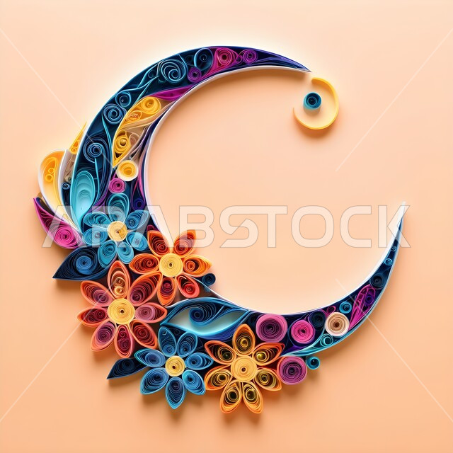 الأجواء الرمضانية الروحانية في شهر الخير والبركة، الاحتفال بالأعياد والمناسبات الدينية، تصميم ثلاثي الأبعاد  بالورق الملون لهلال رمضان, مجسم أوريغامي لزينة و اكسسوارات رمضان المبارك, فن طي الورق, فنون يدويه تشكيليه, خلفيه برتقالية