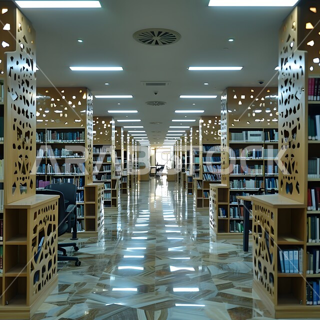 أماكن هادئة للمطالعة والقراءة الروايات, تصاميم عصرية حديثة للمكتبات في المملكة العربية السعودية، تجهيزات مكتبية حديثة وأثاث أنيق، رفوف خشبية ممتلئة بالكتب والقصص والمجلدات المرتبة