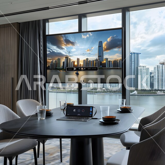 غرف مكتبية بتصاميم وديكورات داخلية فخمة، التصميم العصري الحديث للمكاتب في الشركات السعودية، غرفة اجتماعات واسعة مع طاولة محاطة بكراسي، النوافذ والواجهات الزجاجية