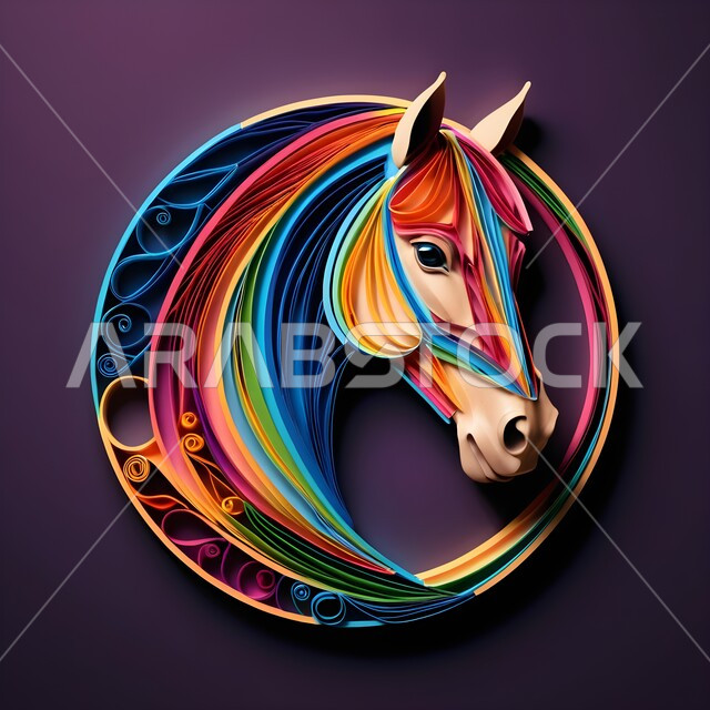 Passion for horses passed down from ancestors, love and passion for purebred Arabian horses, symbol of chivalry and courage, 3D design with colored paper for a purebred Arabian horse logo, origami model of a horse's head, paper folding art, fine handicrafts, innovative artistic designs, colorful background