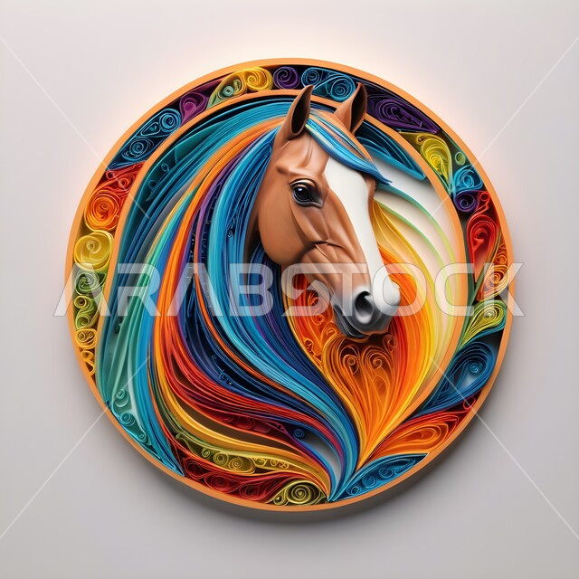 رمز الفروسية والشجاعة، حب وعشق الخيول العربية الأصيلة، توارث شغف الجياد من الأجداد، فنون يدويه تشكيليه, تصاميم فنية مبتكرة، مجسم أوريغامي لرأس حصان، تصميم ثلاثي الأبعاد بالورق الملون لشعار خيل عربي أصيل، فن طي الورق، خلفية ملونة