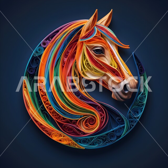 توارث شغف الجياد من الأجداد، حب وعشق الخيول العربية الأصيلة، رمز الفروسية والشجاعة، تصميم ثلاثي الأبعاد بالورق الملون لشعار خيل عربي أصيل، مجسم أوريغامي لرأس حصان، فن طي الورق، فنون يدويه تشكيليه, تصاميم فنية مبتكرة، خلفية ملونة