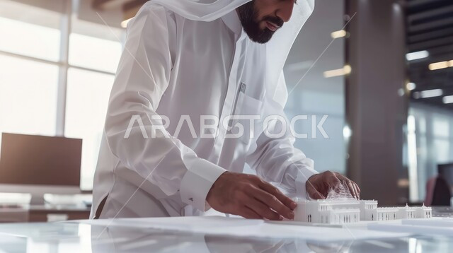 تطور الهندسات الإنشائية في السعودية, مخططات الإعمار والهندسة المعمارية، الإشراف على المشاريع ومتابعة سيرها، مهندس عربي خليجي يقوم بتفقد نموذج لمبنى ما, إدارة المشروع من موقع العمل, تحقيق الثورة العمرانية, مهن ووظائف في المملكة