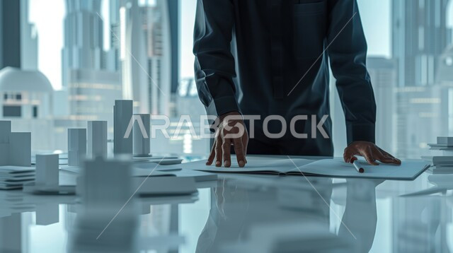 Development of structural engineering in Saudi Arabia, construction and architectural plans, project supervision and follow-up, an Arab Gulf engineer inspecting a model of a building, project management from the work site, achieving the urban revolution, professions and jobs in the Kingdom