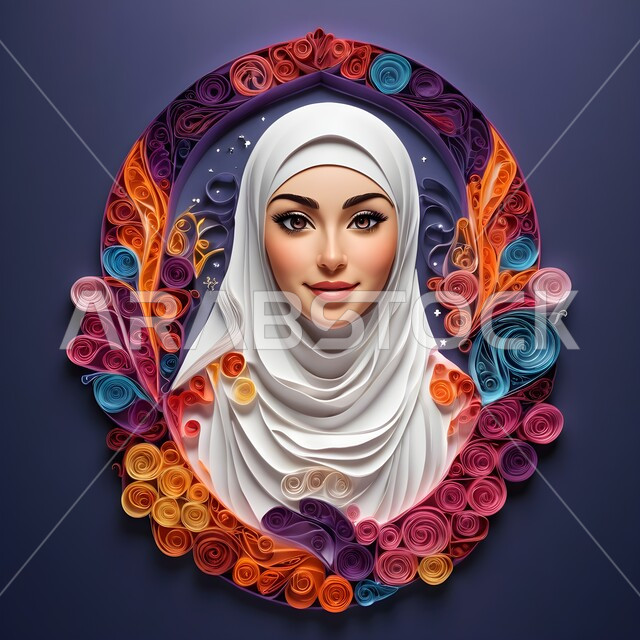 مفهوم النعومة والأنوثة، مفهوم تمكين المرأة، فن طي الورق، فنون يدويه تشكيليه, تصاميم فنية مبتكرة, مجسم أوريغامي لشابة احتفالا بيوم المرأة العالمي، تصميم ثلاثي الأبعاد بالورق الملون لإمرأة عربية سعودية خليجية محجبة، خلفية ملونة