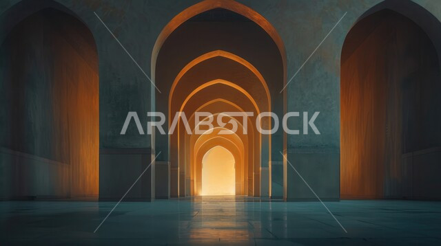 رواق مقوس تخلله أشعة الشمس الذهبية، الأسقف المقوسة والجدران المزينة بالنقوش التقليدية، إبراز التراث التاريخي والثقافي الغني للمملكة العربية، الفن المعماري القديم في المناطق التاريخية السياحية الوطنية