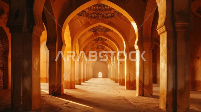 رواق مقوس تخلله أشعة الشمس الذهبية، الأسقف المقوسة والجدران المزينة بالنقوش التقليدية، إبراز التراث التاريخي والثقافي الغني للمملكة العربية، الفن المعماري القديم في المناطق التاريخية السياحية الوطنية