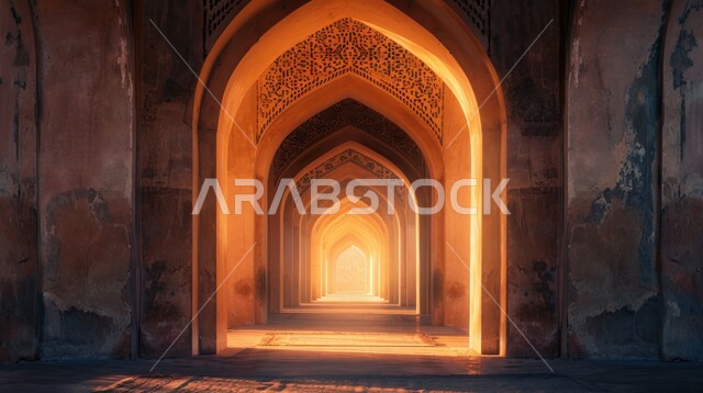 رواق مقوس تخلله أشعة الشمس الذهبية، الأسقف المقوسة والجدران المزينة بالنقوش التقليدية، إبراز التراث التاريخي والثقافي الغني للمملكة العربية، الفن المعماري القديم في المناطق التاريخية السياحية الوطنية