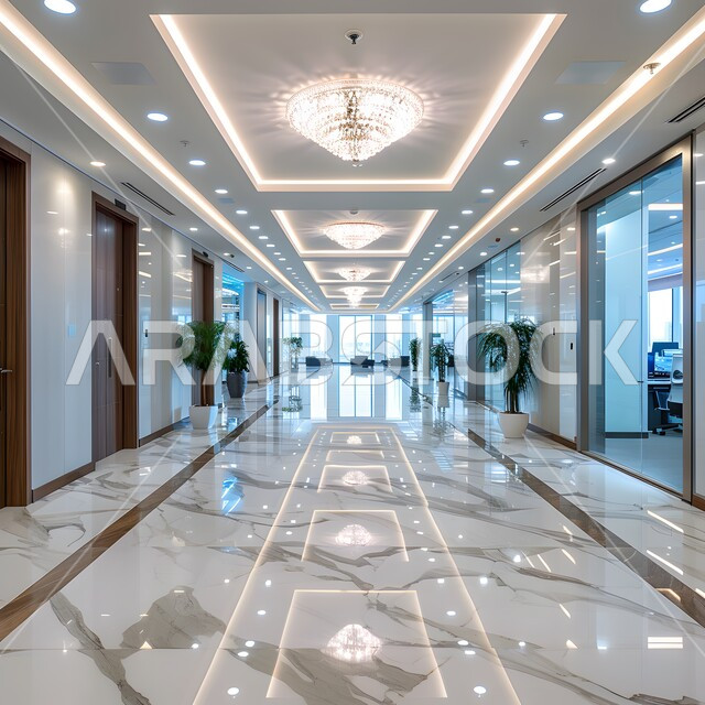 ممر طويل فارغ لشركة مكتبية بديكور راقي، ديكورات راقية وتصميم داخلي على الطراز الحديث، تصاميم عصرية حديثة للشركات السعودية، واجهات ونوافذ زجاجية كبيرة، الفن الهندسي المعماري لمكاتب الأعمال