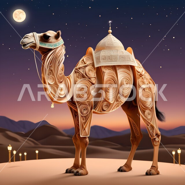 حيوان الإبل سفينة الصحراء يمشي على الرمال الذهبية الناعمة، تصاميم فنية مبتكرة, حيوانات التنقل والسفر في القدم، فن طي الورق, تصميم ثلاثي الأبعاد بالورق الملون لناقة عربية أصيل، مجسم أوريغامي  لجمل يسير في المناطق الصحراوية، فنون يدويه تشكيليه، خلفية ملونة