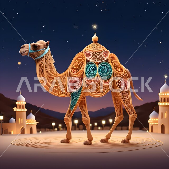 تصاميم فنية مبتكرة, حيوانات التنقل والسفر في القدم، فن طي الورق، فنون يدويه تشكيليه, تصميم ثلاثي الأبعاد بالورق الملون لناقة عربية أصيل، حيوان الإبل سفينة الصحراء يمشي على الرمال الذهبية الناعمة، مجسم أوريغامي  لجمل يسير في المناطق الصحراوية، خلفية ملونة