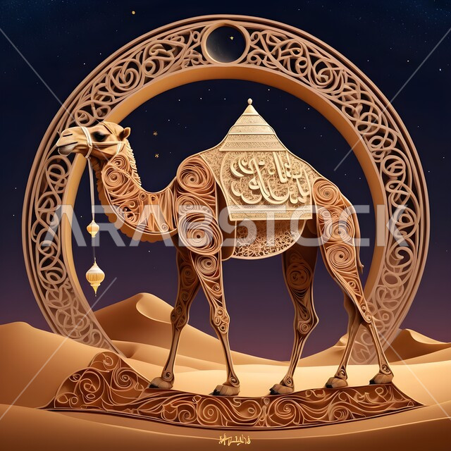 Animals of transportation and travel in the past, innovative artistic designs, origami art, plastic handicrafts, 3D design with colored paper of a purebred Arabian camel, origami model of a camel walking in desert areas, camel animal, the ship of the desert, walking on soft golden sand, colorful background