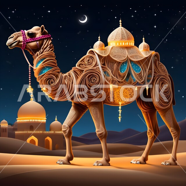مجسم أوريغامي  لجمل يسير في المناطق الصحراوية، تصميم ثلاثي الأبعاد بالورق الملون لناقة عربية أصيل، فن طي الورق, حيوانات التنقل والسفر في القدم، فنون يدويه تشكيليه, حيوان الإبل سفينة الصحراء يمشي على الرمال الذهبية الناعمة، تصاميم فنية مبتكرة، خلفية ملونة
