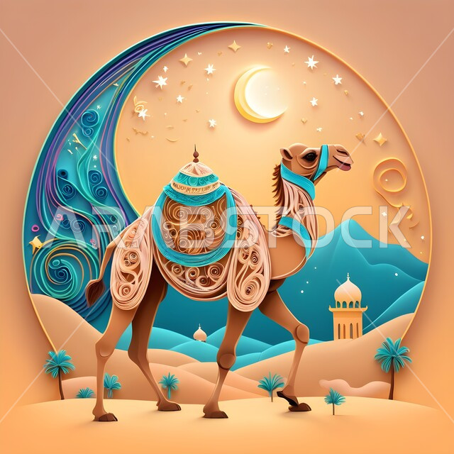 3D design of a purebred Arabian camel with colored paper, origami art, ancient animals of transportation and travel, origami model of a camel walking in desert areas, fine handicrafts, camel, the ship of the desert, walking on soft golden sand, innovative artistic designs, colorful background