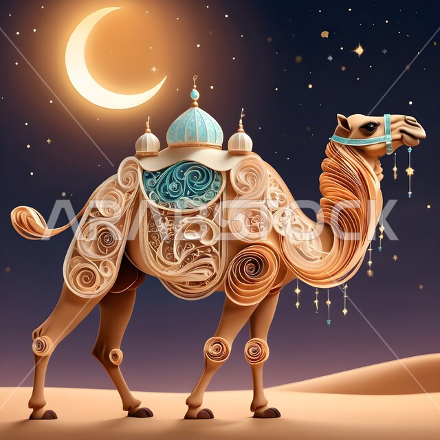 فن طي الورق، تصاميم فنية مبتكرة, حيوانات التنقل والسفر في القدم، تصميم ثلاثي الأبعاد بالورق الملون لناقة عربية أصيل، مجسم أوريغامي  لجمل يسير في المناطق الصحراوية، فنون يدويه تشكيليه, حيوان الإبل سفينة الصحراء يمشي على الرمال الذهبية الناعمة، خلفية ملونة