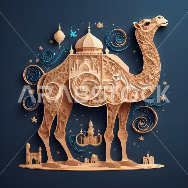 حيوان الإبل سفينة الصحراء يمشي على الرمال الذهبية الناعمة، تصاميم فنية مبتكرة, حيوانات التنقل والسفر في القدم، فن طي الورق, تصميم ثلاثي الأبعاد بالورق الملون لناقة عربية أصيل، مجسم أوريغامي  لجمل يسير في المناطق الصحراوية، فنون يدويه تشكيليه، خلفية ملونة